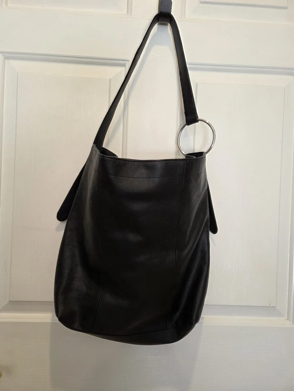Black Leather Shoulder Bag with Silver Ring Detail, NorthStyle